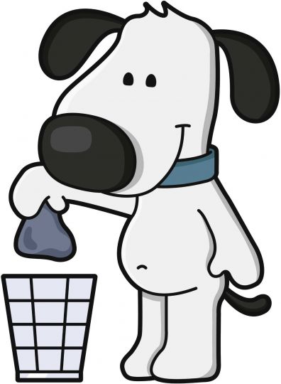 Dog throwing poop bag in container.